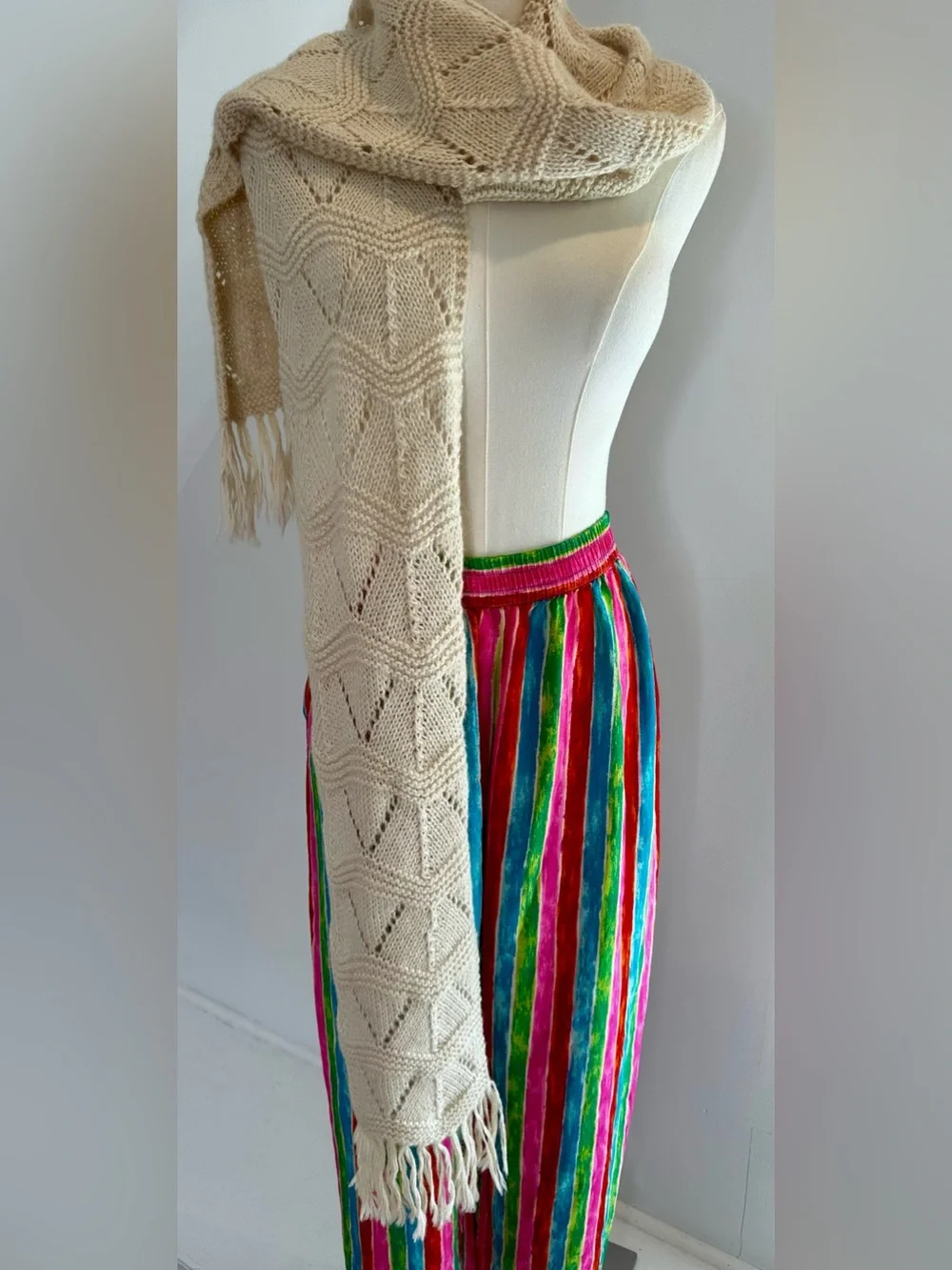 Handmade Peru 100% Alpaca Wool Cream Knit Fringe Scarf